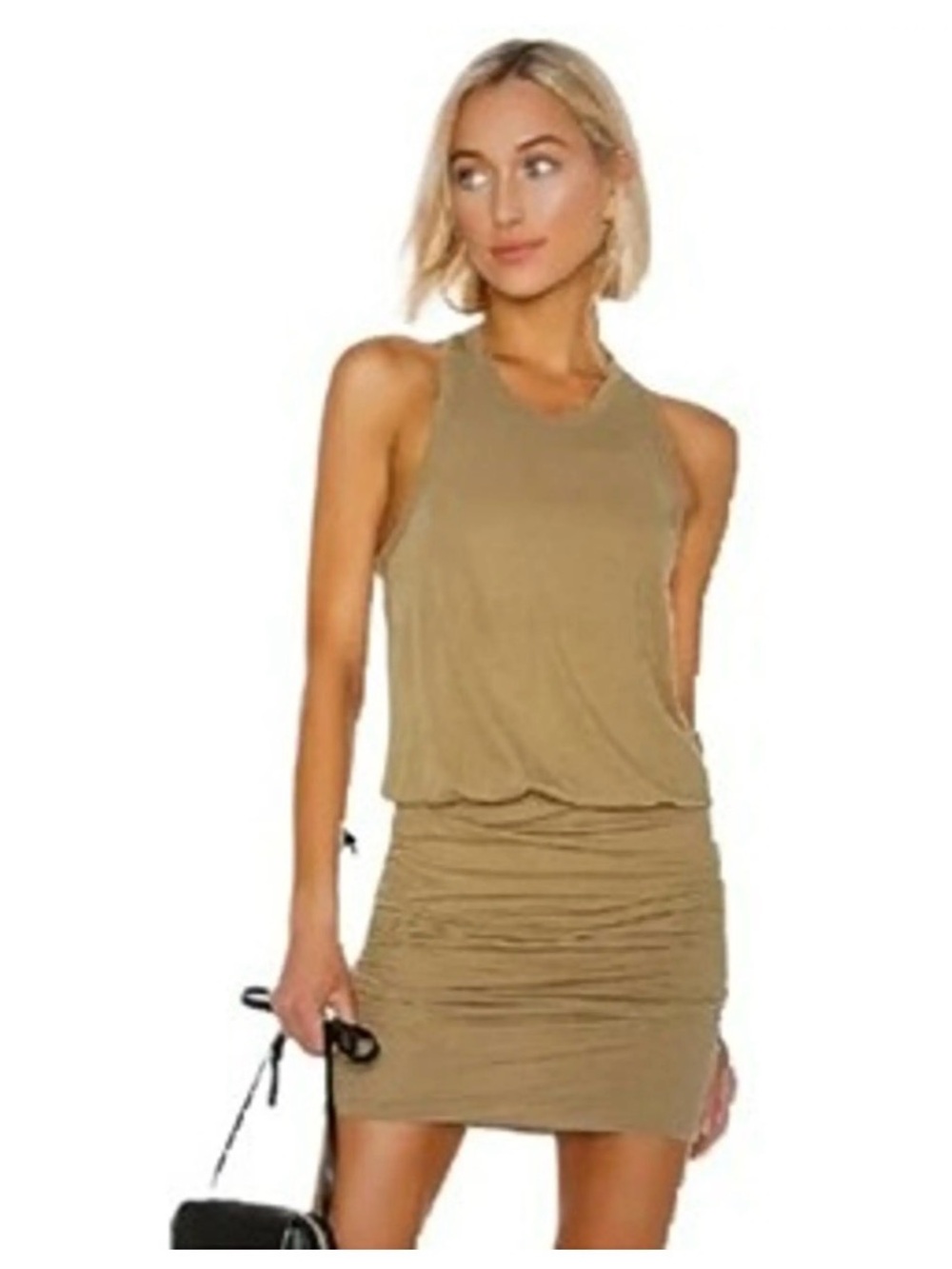 Sleeveless Ruched James Perse Tank Dress in Khaki